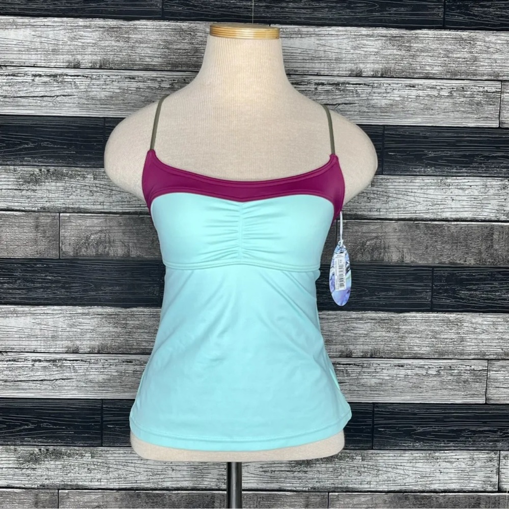 PrAna Makoa Tankini Swim Top Size XS Blue Colorblock Tie Back Stretch Logo NEW
